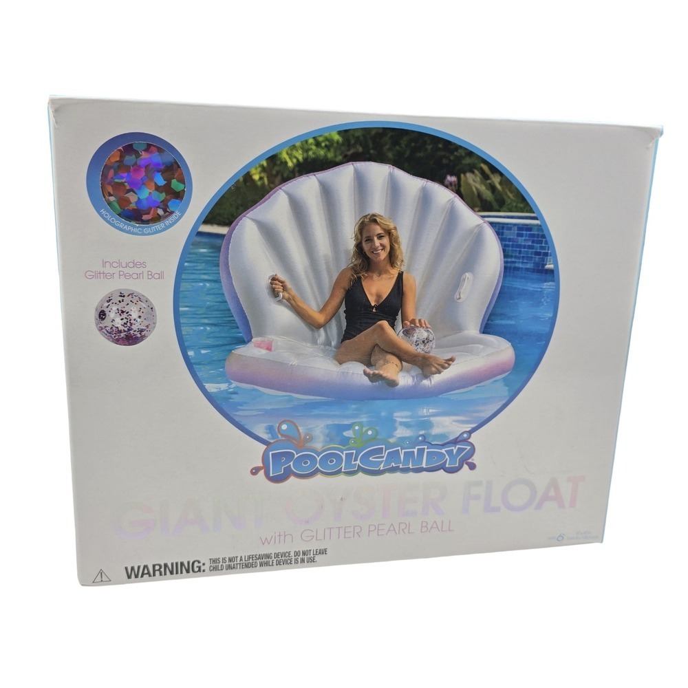 PoolCandy Giant Oyster Float with Glitter Pearl Ball Iridescent White New